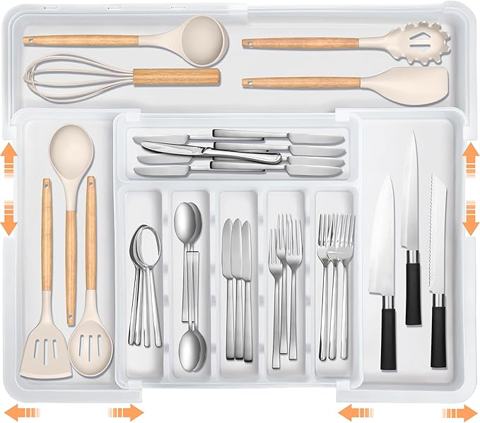 Spaclear Large Silverware Drawer Organizer Expandable Kitchen Utensil Organizer BPA Free Flatware Cutlery Holder Tray Adjustable Plastic Drawer Divider Storage for Forks Knives 6-9 Slots White