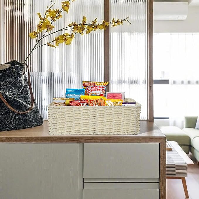 Drawer basket Handwoven Paper Rope Rectangular Shallow Basket Storage-15.35X12.01X4.72 Inches (Off-white)