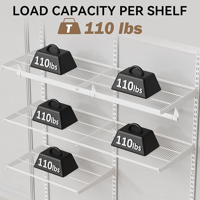 Closet System Wall Mounted 2-7.5 Ft, Heavy Duty Adjustable Wire Shelving with Hanging Rod, Custom Organizer Kit for Bedroom Laundry Mudroom, White