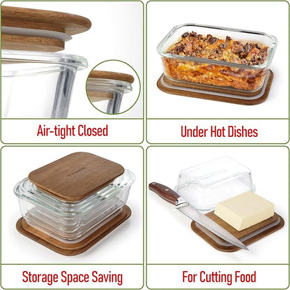 Glass Container Set with Acacia Lids - 4 Stackable Meal Prep Containers. Durable heat resistant Inert Borosilicate Glass