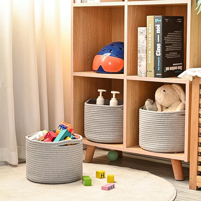 ICERZCZ Small Storage Baskets for Organizing, Organizer Baskets for Shelves, Small Woven Basket for Storage, Cute Basket for Gifts Empty, Soft Cotton Rope Baskets, 9.7"×9.7"×7" (3 Packs) Grey