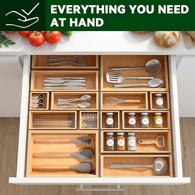 Bamboo Drawer Organizer 14 Pcs for Kitchen Multi-purpose Storage Dividers for Kitchen, Office, Jewelry, Cosmetics, Wooden Drawer Dividers for Drawer Organizer Desk Organizer Gift for Women Gifts Idea