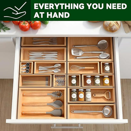 Bamboo Drawer Organizer 14 Pcs for Kitchen Multi-purpose Storage Dividers for Kitchen, Office, Jewelry, Cosmetics, Wooden Drawer Dividers for Drawer Organizer Desk Organizer Gift for Women Gifts Idea