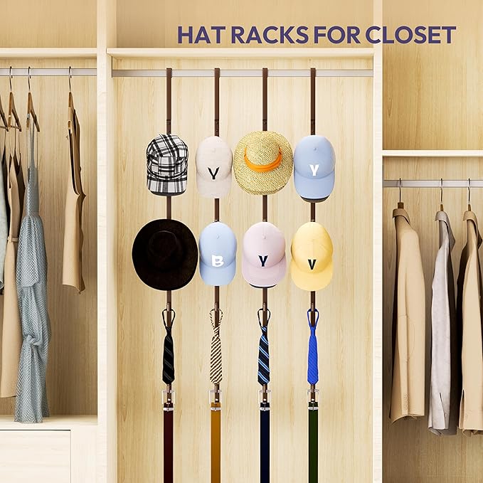 SWTYMIKI Over Door Hat Organizer - 4 Packs Metal Hanging Hat Rack with 16 Hooks Design, Baseball Cap Hanger Organizer Storage Holds up to 80 Caps for Door, Bedroom, Closet
