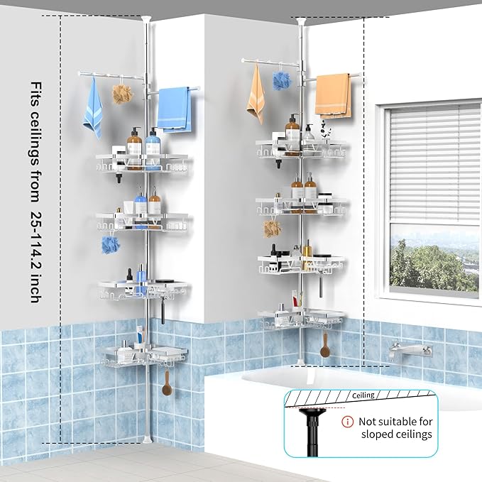 KEGII Shower Caddy Tension Pole with 2 Towel Bars, Adjustable Corner Bathroom Organizer, Rustproof Bathtub Storage Shelves for Shampoo, 25–114.2 Inch Shower Rack for Renters & Family, Silver