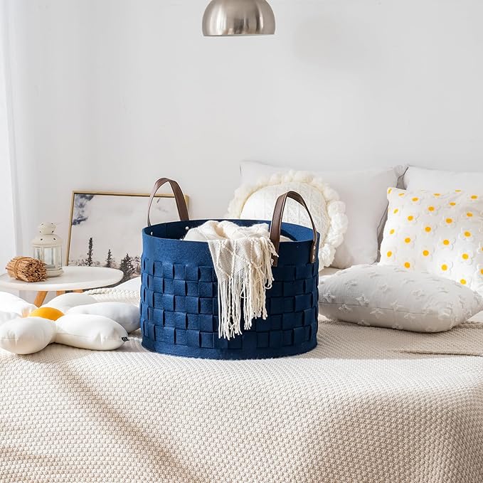 BOLDMONKEY Laundry Basket 20" x20 " x11.8 ",Extra Large Round Blanket Basket with Leather Handle, Felt Storage Basket for Living Room, Nursery, Dog Toys-Navy Blue
