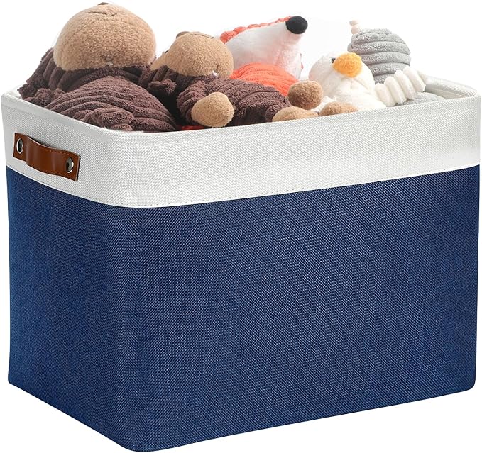 DULLEMELO Large Storage Baskets, Fabric Storage Bins for Organizing Foldable Linen Shelf Baskets for Clothes, Toys, Closet, Laundry (White&Blue,16"x12"x12"-1 Pack)