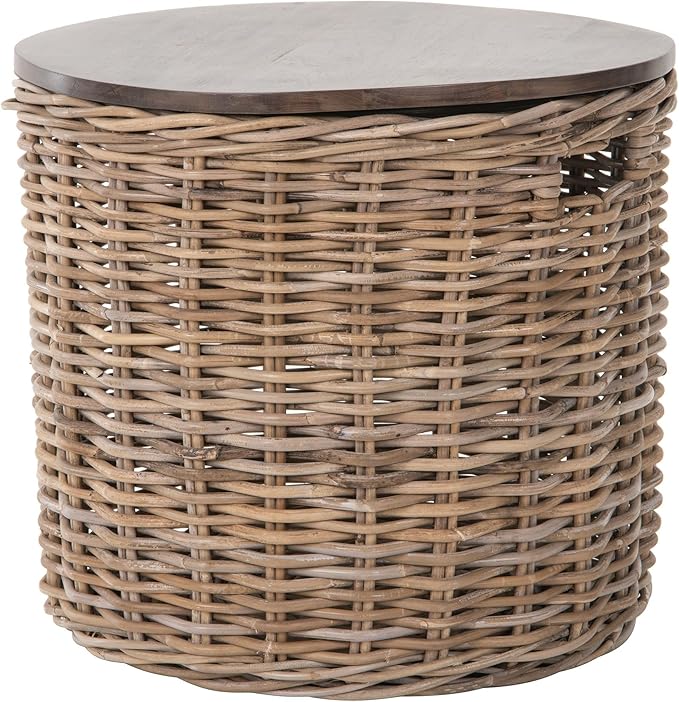 Kouboo Round Rattan Storage Basket with Wood Lid Side or End Table with Hidden Storage for Blankets Pillows & More