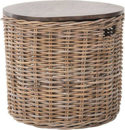 Kouboo Round Rattan Storage Basket with Wood Lid Side or End Table with Hidden Storage for Blankets Pillows & More