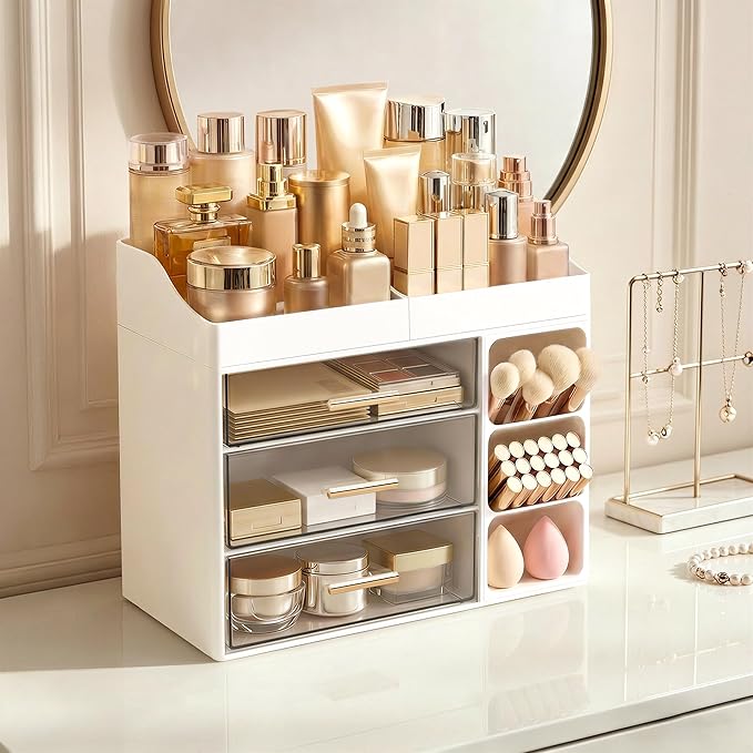 HBlife Makeup Organizer Countertop with Brush Holder, Large Bathroom Counter Organizer with Drawers, Skincare Organizers for Vanity, Plastic Dresser Organizer Storage Gift for Women Girl Mom, White