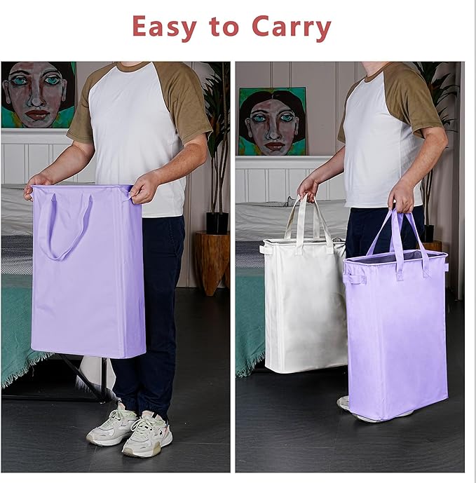 efluky Slim Laundry Basket, Narrow Laundry Hamper with Handles, Collapsible Dirty Clothes Hamper, Tall Laundry Bin for Laundry Room, Dorm and Bedroom, 12.7 Gallons(48L) Light Purple