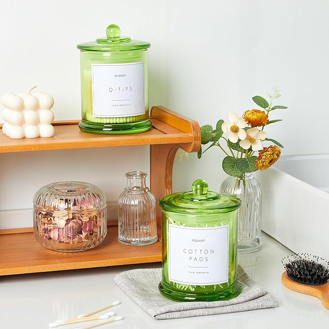 Ronasip Qtip Holder & Cotton Pad Dispenser, Bathroom Organizer and Storage Canisters, 16oz Glass Apothecary Jars for Kitchen, Restroom - Home Decor Accessories, Room Decor Aesthetic (2 Pack, Green)