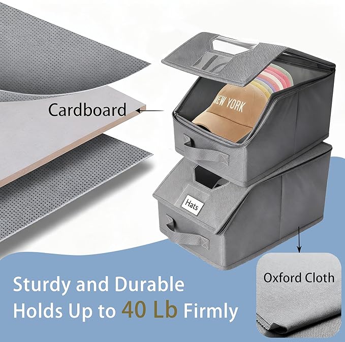 2 Pcs Stackable Baseball Cap Organizer, Washable Foldable Oxford Cloth, Smooth Durable Metal Zipper Hat Storage Holder for Closet, Holds 24 Caps with Large Clear Window, Hat Box for Home Storage