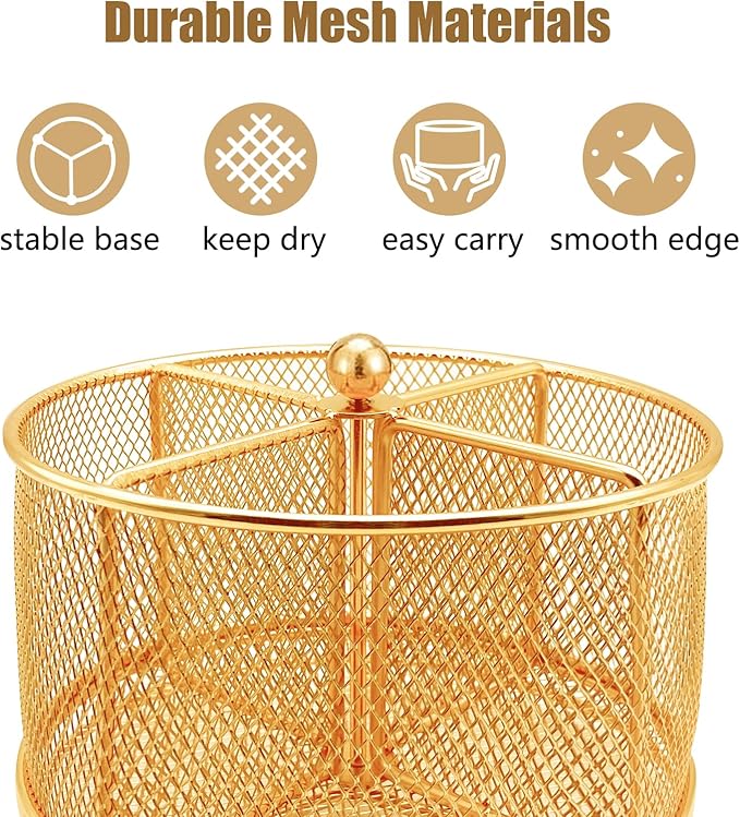 DysanVica 360° Rotating Metal Utensil Caddy - 4 Compartment Silverware Cutlery Holder Rotation Fork Spoon Napkin Organizer Flatware Storage Basket Party Countertop Buffet Picnic Camping Outdoor Gold