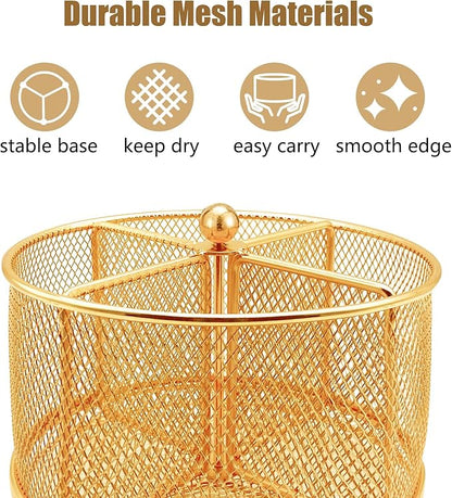 DysanVica 360° Rotating Metal Utensil Caddy - 4 Compartment Silverware Cutlery Holder Rotation Fork Spoon Napkin Organizer Flatware Storage Basket Party Countertop Buffet Picnic Camping Outdoor Gold
