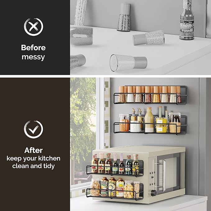 Mystozer 6 Pack Magnetic Spice Rack Organizer, Space Saver for Refrigerator and Whiteboard, Metal Fridge Shelf for Kitchen and Classroom Refrigerator Organizers and Storage Spice Rack Shelf (Black)