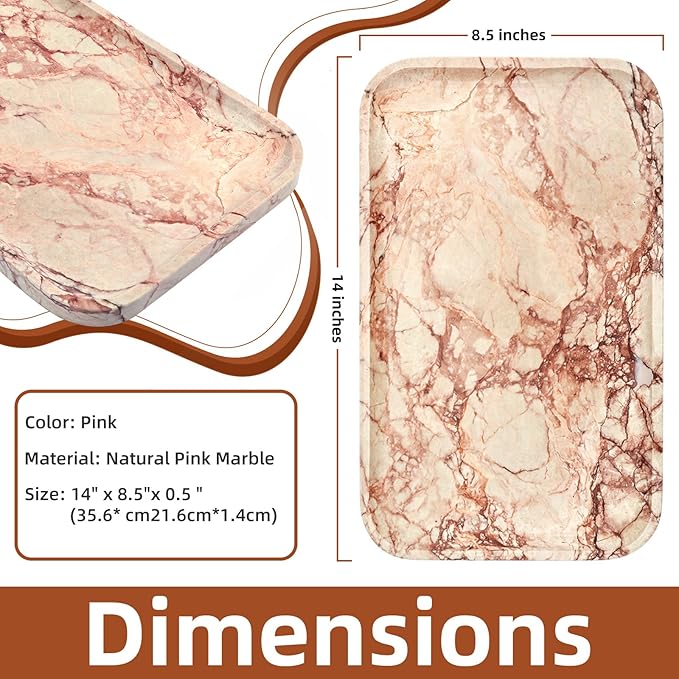 Yew & Tulip 14" x 8.5" Natural Marble Tray for Kitchen, Bathroom, Living Room – Serving/Decorative Vanity Tray for Jewelry, Candles, Decor (Pink)