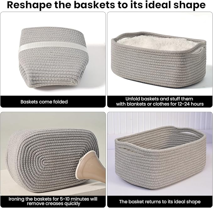 ICERZCZ Small Grey Baskets for Organizing, Gray Storage Basket for Shelves, Woven Baskets for Storage, Small Organizer Basket for Décor Gifts, 13"×8.5"×5.1" (3 Packs) Grey