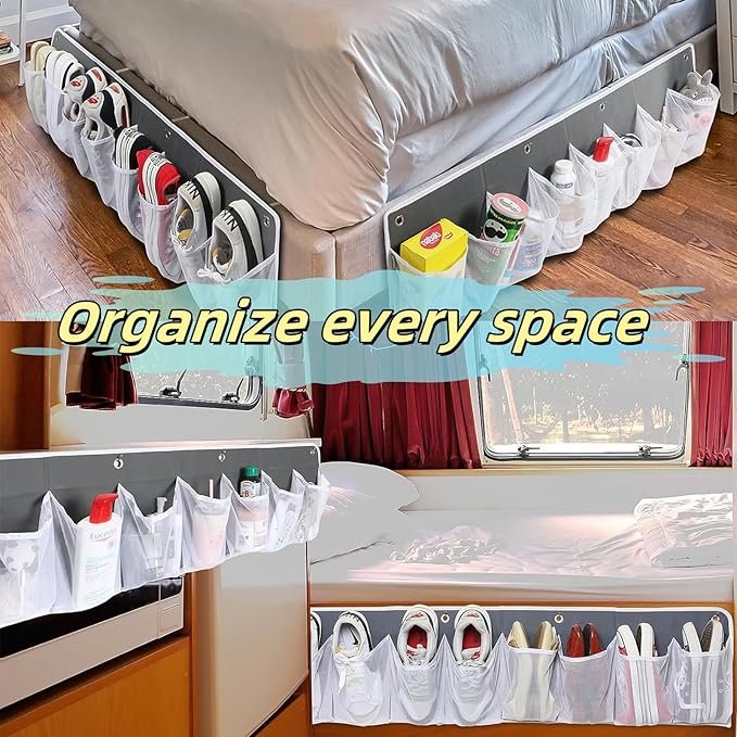 Rv Shoe Storage Solutions, 2 Pcs Hanging Shoe Organizer for Bedside, 16 Extra Large Pocket with Sturdy Hooks And Sticky Hook, Space Organization for Rv Campers More Than Just Shoes (Black)
