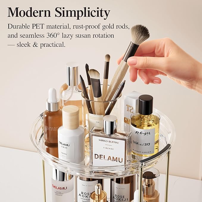 Delamu 3 Tier Rotating Makeup Organizer for Vanity, Skincare Organizer for Bathroom Counter, Spinning Perfume Organizer Cosmetic Holder with Large Capacity, Clear