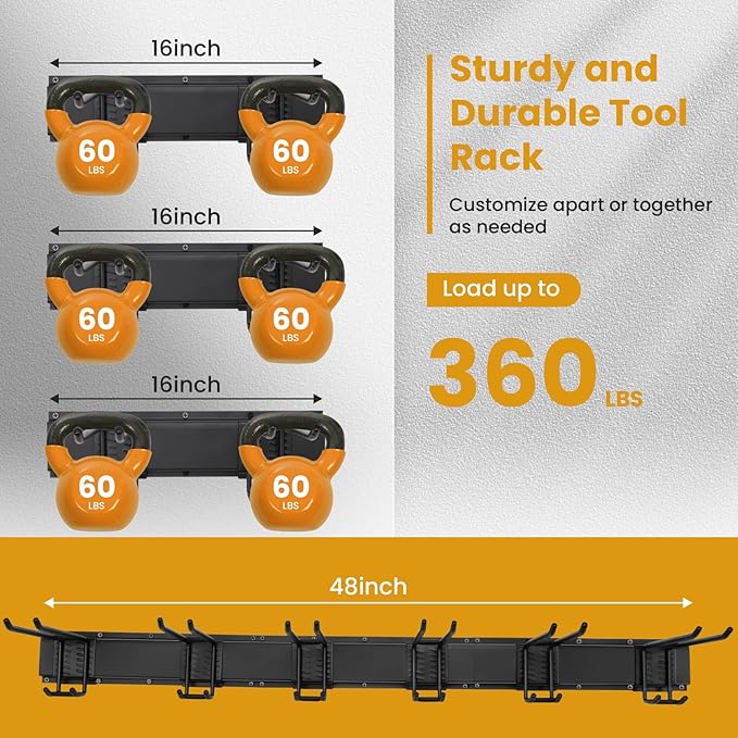 Garage Tool Organizer Wall Mount, 48" Heavy Duty Metal Storage Rack with 3 Rails & 6 Adjustable Double Hooks, Wall Mounted Garden Tool Hanger for Rakes, Shovels, Brooms, Garage Shed & Workshop