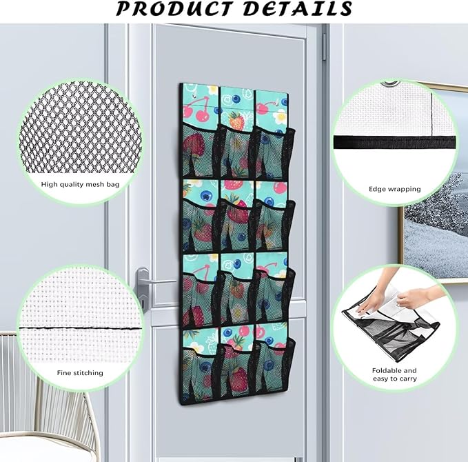 12-Pocket Foldable Door Hanging Organizer, Oxford Cloth Waterproof and Ideal for Bathroom Closet or Kitchen Storage Needs, Strawberry Blueberry Cherry