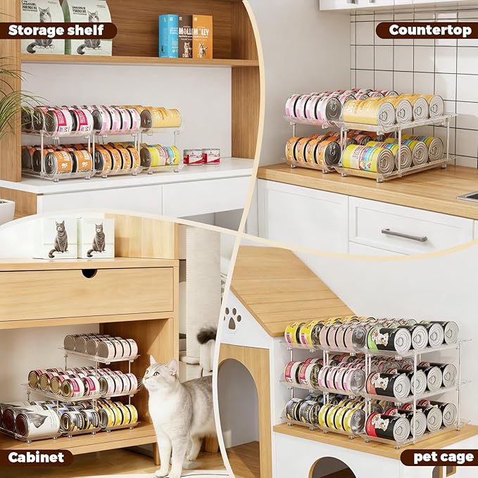 Can Organizer for Pantry, Modular 2-Tier Adjustable Canned Cat Food Organizer for Soup Cans, Dog Food Cans & Beverage Cans, Clear Can Rack for Pantry and Fridge