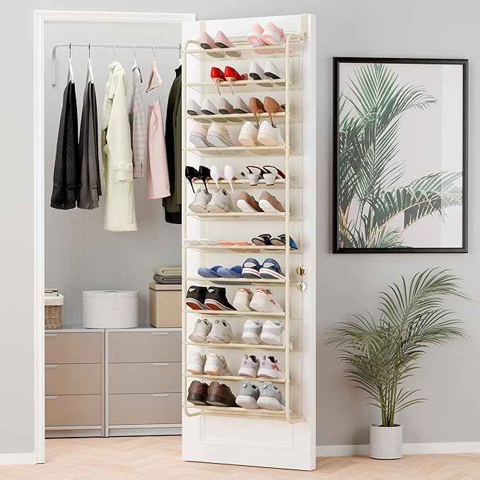 Whitmor 36 Pair Over The Door Shoe Organizer, 12 Tier Hanging Shoe Organizer, Heavy Duty Metal & Mesh Shoe Holder, Hanging Shoe Rack for Closet Organizer & Storage, 74"L x 21.7"W x 7.5"H, Beige
