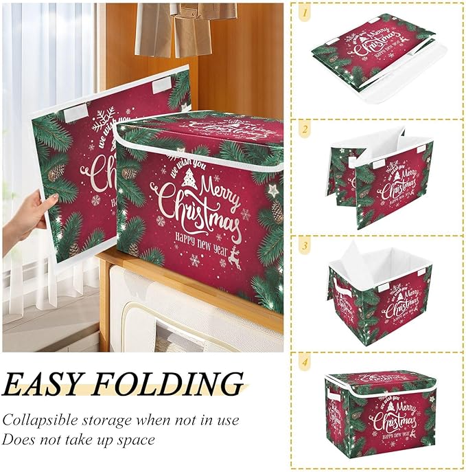 senya Christmas Storage Baskets Collapsible Storage Bins with Lids, Merry Christmas Happy New Year Storage Boxes Clothes Baskets for Organizing