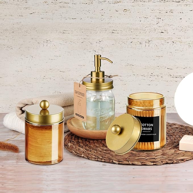 Amolliar Bronze Glass Apothecary Jar With Metal Lid & Stickers, Bathroom Qtip Dispenser Storage Canister, Perfect for Cotton Balls, Cotton Swabs, Makeup Pads, Bath Salt, Floss, 2 Pack(Gold)