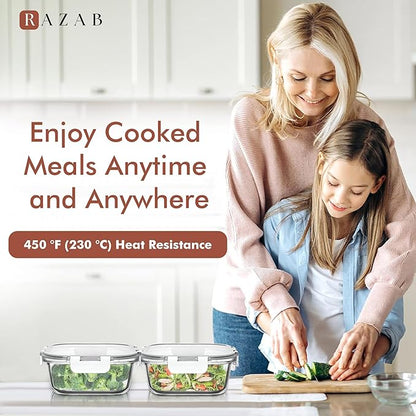 Razab 2 PC 1200ML / 41 Oz Glass Food Storage Containers with Lids - Airtight & Leakproof - Microwave/Oven/Freezer Safe - BPA Free - Ideal for Meal Prep, Storing Leftover & Lunch