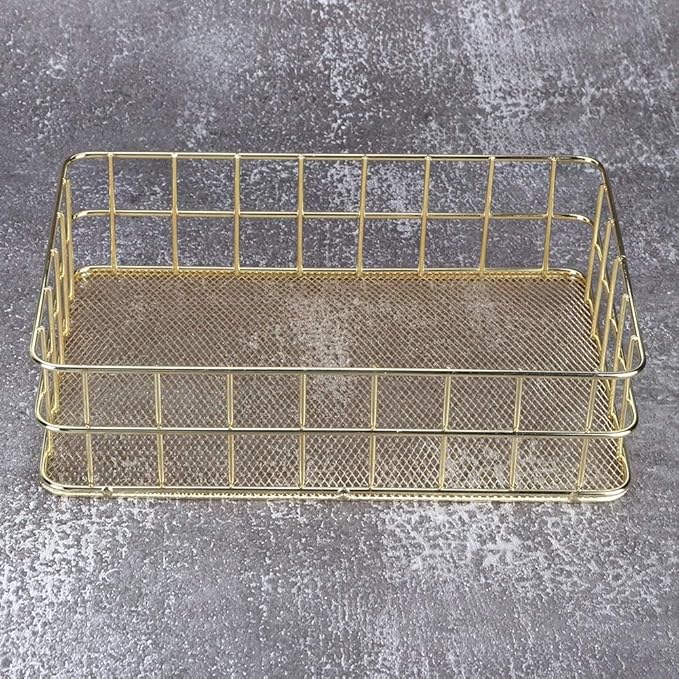 2Pcs Wire Mesh Baskets, 9.6 x 6.5in Golden Desktop Metal Storage Basket Iron Grid Storage Tray Net Basket Storage Bins