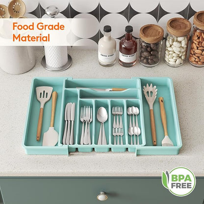 Lifewit Utensil Organizer for Kitchen Drawer, Expandable Cooking Silverware Tray, Adjustable Cutlery Flatware Holder, Plastic Spatula Tools Storage Divider, 13-22.4 x 15", Turquoise