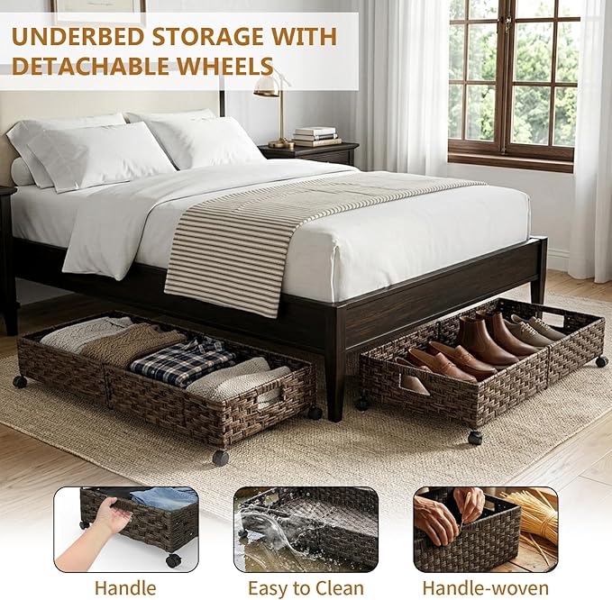 2 Pack Under Bed Storage with Wheels, 40L Large Under Bed Storage Containers with Handwoven Rattan , Rolling Underbed Organizer Bins Drawers for Clothes, Shoes, Blankets, Brown(31.5 x 15.75 x 6.3 In)