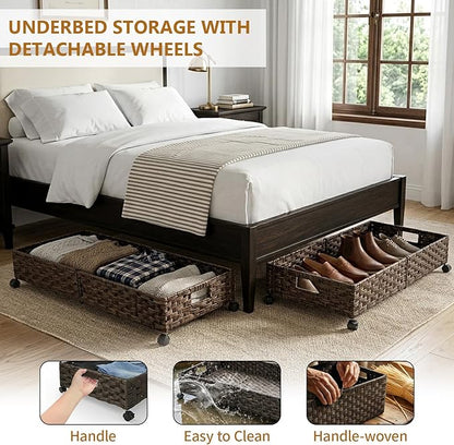 2 Pack Under Bed Storage with Wheels, 40L Large Under Bed Storage Containers with Handwoven Rattan , Rolling Underbed Organizer Bins Drawers for Clothes, Shoes, Blankets, Brown(31.5 x 15.75 x 6.3 In)