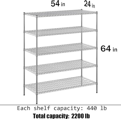 24" Deep x 54" Wide x 64" Height Wire Shelving Kit | 5-Tier | NSF Commercial Storage Rack Unit