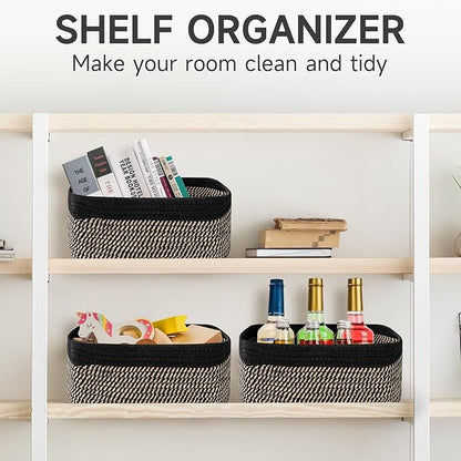 3-Pack Shelf Baskets for Organizing, Closet Organizer Bins, Small Woven Baskets, Rope Toy Basket, Storage Basket for Shelves, Cube Decorative Box, 11.8×7.8×5.1”, Black Brown