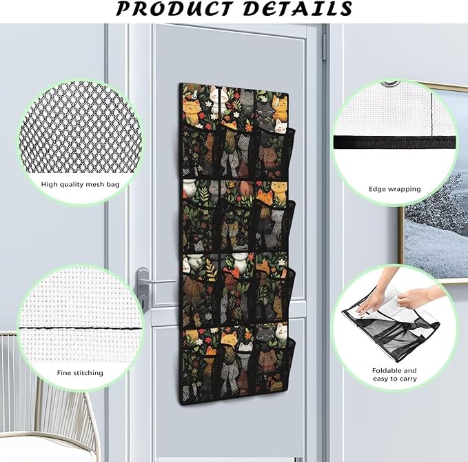 12 Pockets Over The Door Shoe Organizer Mesh Fabric Door Hanger Organizer for School Cartoon Cat Wall Hanging Storage Flowers Shoe Holder Hanger