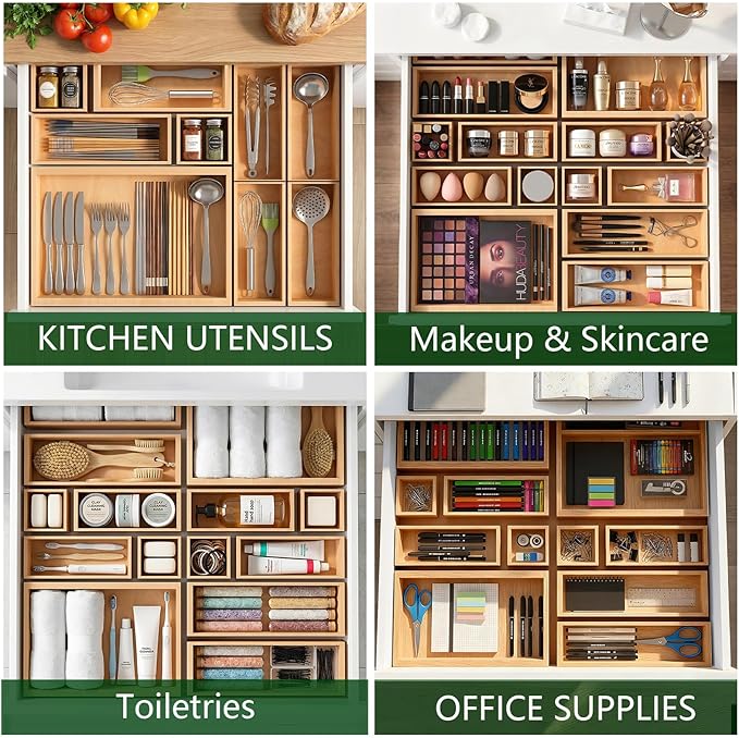 Bamboo Drawer Organizer 14 Pcs for Kitchen Multi-purpose Storage Dividers for Kitchen, Office, Jewelry, Cosmetics, Wooden Drawer Dividers for Drawer Organizer Desk Organizer Gift for Women Gifts Idea
