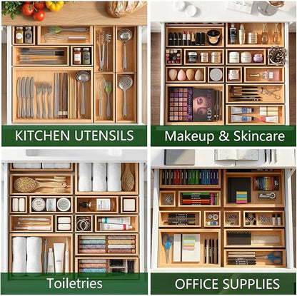 Bamboo Drawer Organizer 14 Pcs for Kitchen Multi-purpose Storage Dividers for Kitchen, Office, Jewelry, Cosmetics, Wooden Drawer Dividers for Drawer Organizer Desk Organizer Gift for Women Gifts Idea