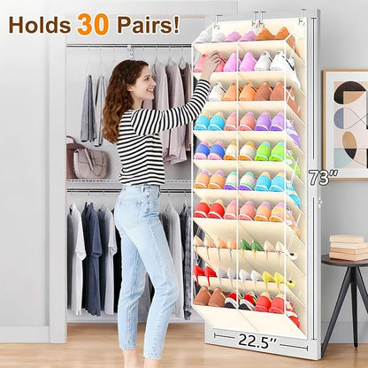 UVIAHOMI 20-30 Pairs Over the Door Shoe Organizer, Clear Pockets Hanging Shoe Storage for Closet, 10-Tier Door Shoes Rack, Handing Shoes Holder Fit All the Family's Sneakers, Boots, Heels, Beige