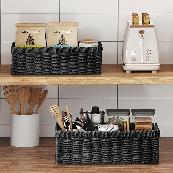 Vagusicc Wicker Storage Basket, Set of 2 Hand-Woven Paper Rope Wicker Baskets for Organizing Decor Storage Bins for Counter Shelves Pantry Basket Small Toilet Paper Basket for Toilet Tank Top, Black