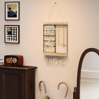 Feyejade Hanging Jewelry Organizer, 5-Tier Wall Earring Holder with Wooden Ring Groove, Jewelry Rack Wall Mounted for Earrings, Necklaces, Bracelets and Rings, Jewelry Holder Stand, Black