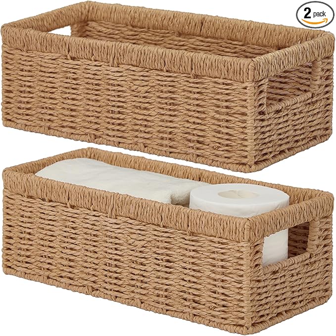 Vagusicc Wicker Storage Basket, Paper Rope Wicker Baskets with Handles, Toilet Paper Basket for Toilet Tank Top, Small Wicke Baskets for Organizing Shelves, 2-Pack, Natural