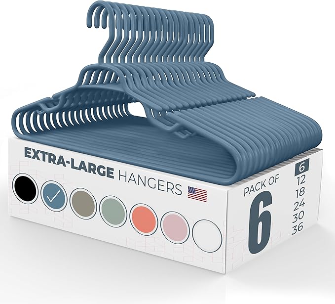 Large & Wide Heavy Duty Clothes Hangers 6 Pack – Made in USA – Ideal for Plus Size Clothing – 10lb Plastic Hangers with Notches for Oversized Adult Coats & Pants – Blue