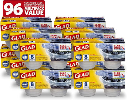 Glad GladWare Mini Round Food Storage Containers with Lids, Small BPA Free Reusable Plastic Snack Containers with Lock Tight Seal for Lunch, Portion Control, and On the Go, 4 Oz, 8 Count - 12 Pack