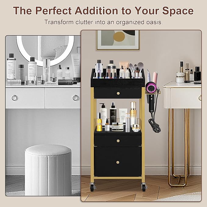Makeup Organizer Cart with 3 Drawers, Rolling Vanity Organizer with Detachable Hair Tool Holder & Wheels, Floor Makeup Storage Cart for Skincare, Perfume, Nail Polish, Gold & Black