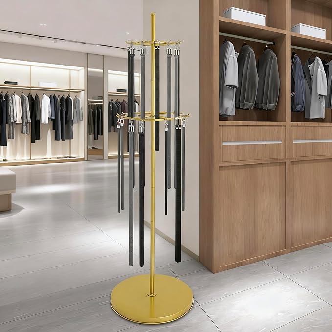 Gold Belt Display Scarf &Ties Rack Stand, 360° Rotation Floor Mounted Belt Hanger, Metal Men Closet Belt Organizer Holder Jewelry Necklaces Purse Hanger Shelf for Clothing Store Retail & Home