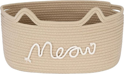 Sea Team Cat Toy Basket with Handles, 16.5 x 11 x 7 Inches, 4.4 Gallons Large Cotton Rope Storage Bin, Box, Shelf Organizer for Pet Chew Toys, Foods, Beige Meow