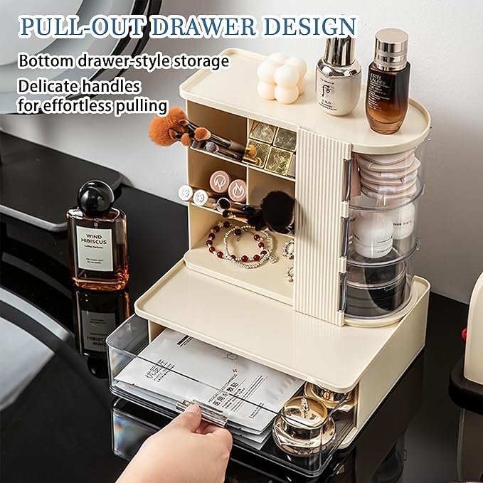 Makeup Organizer with 3 Rotating & Dustproof Drawers, Large Capacity Cosmetic Storage Box with Makeup Brush Holder, Make up Organizers for Vanity, Dresser, Bathroom (Yellow)